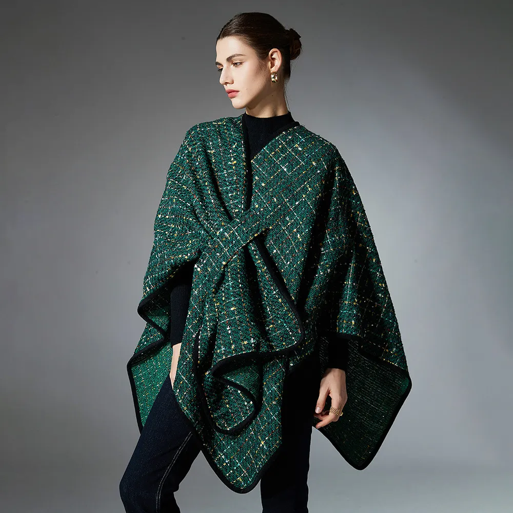 Fall Women Sequin Plaid Shawl Open Front Wraps