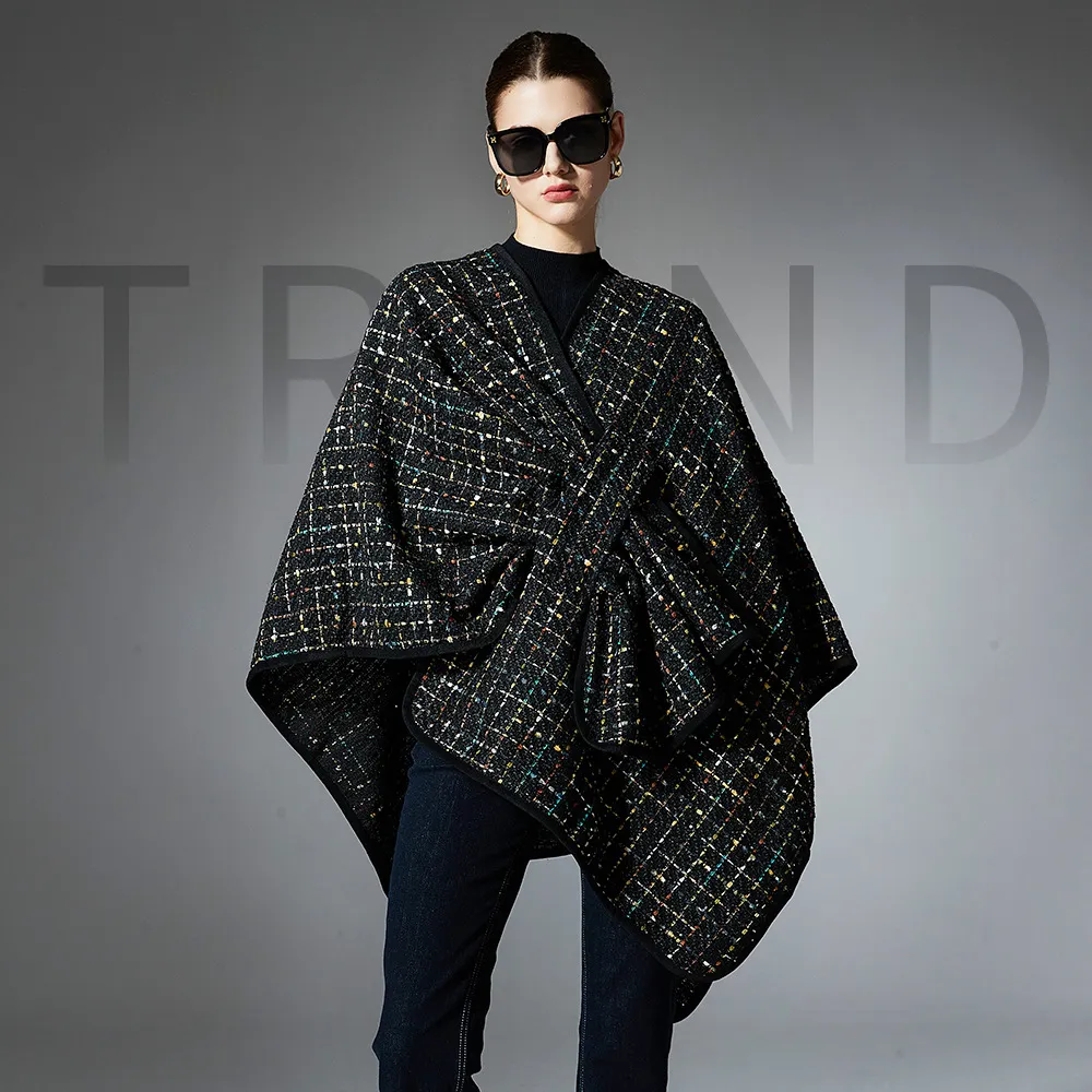 Fall Women Sequin Plaid Shawl Open Front Wraps