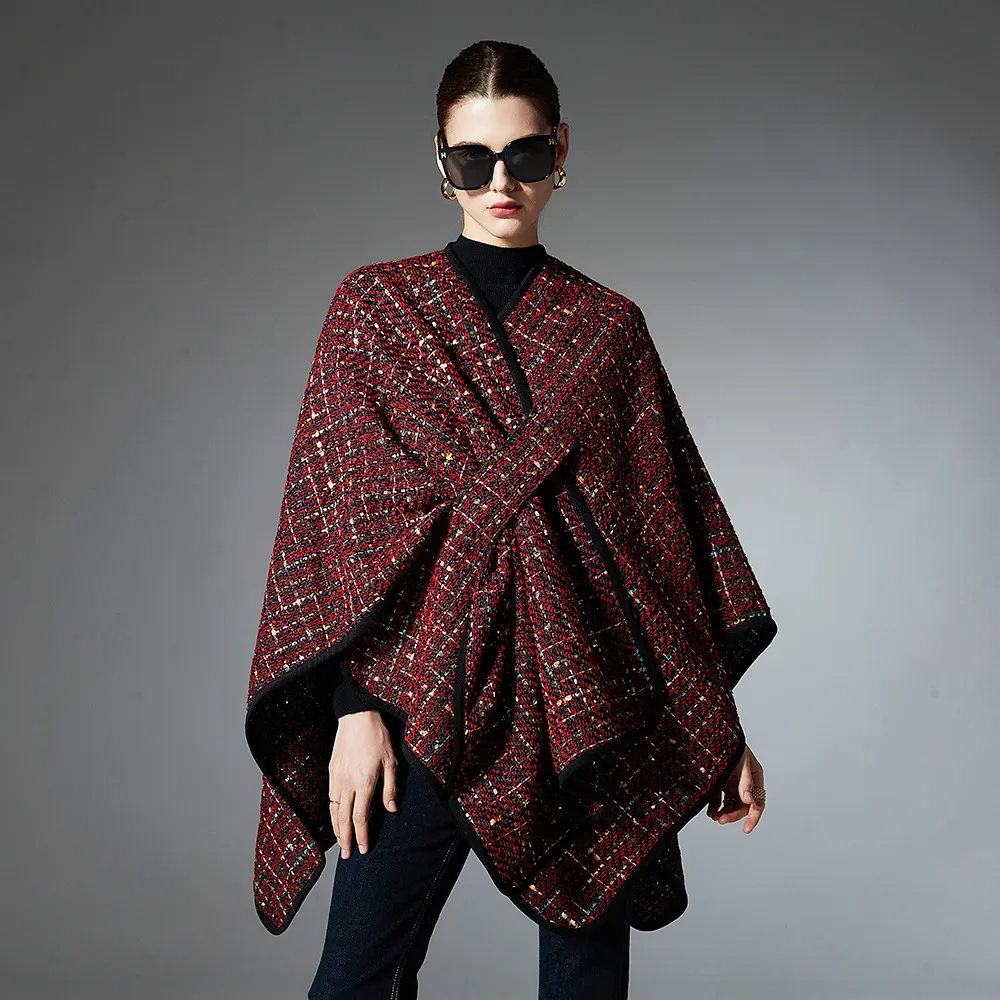 Fall Women Sequin Plaid Shawl Open Front Wraps