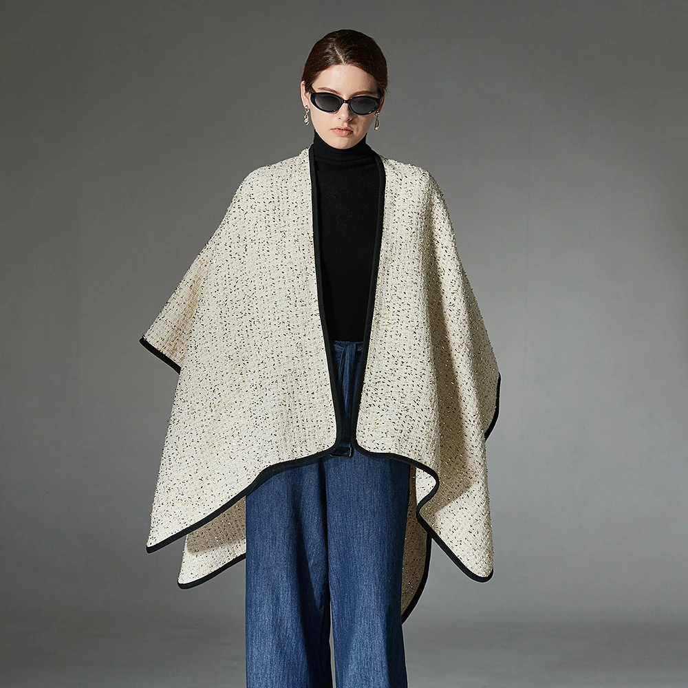 Open Front Elegant Sequin White Shawl Cape