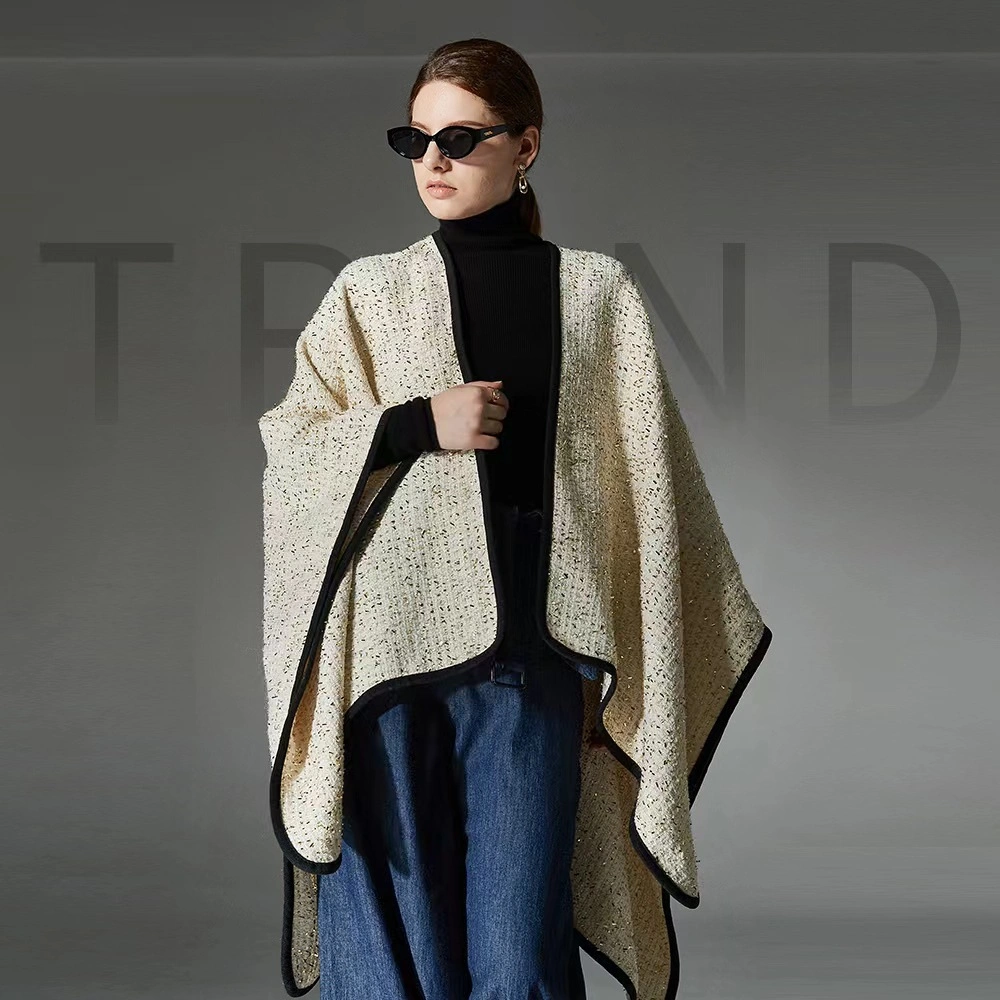 Open Front Elegant Sequin White Shawl Cape