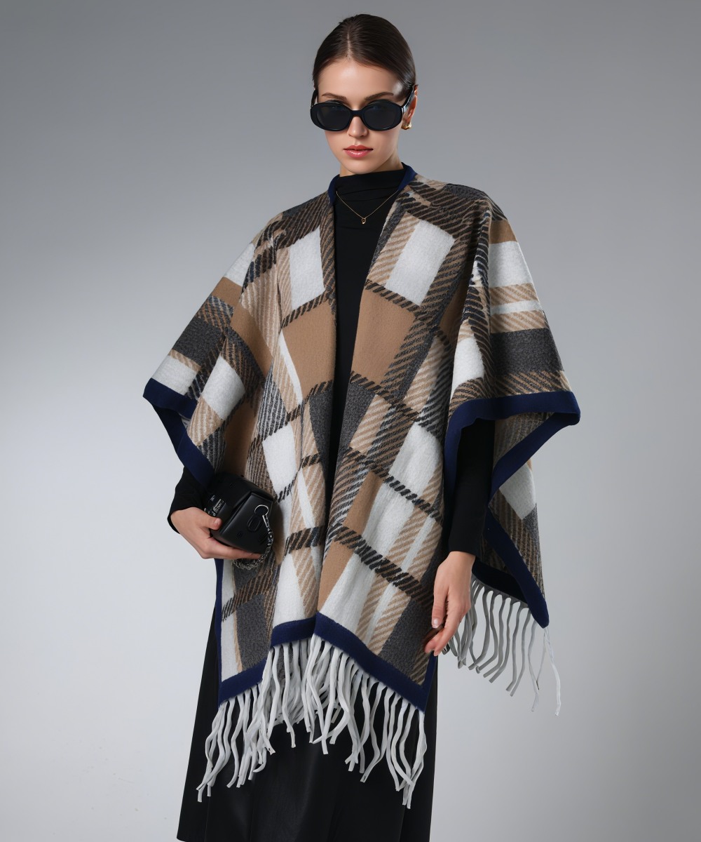 Wholesale Brown And White Plaid Shawl With Fringe