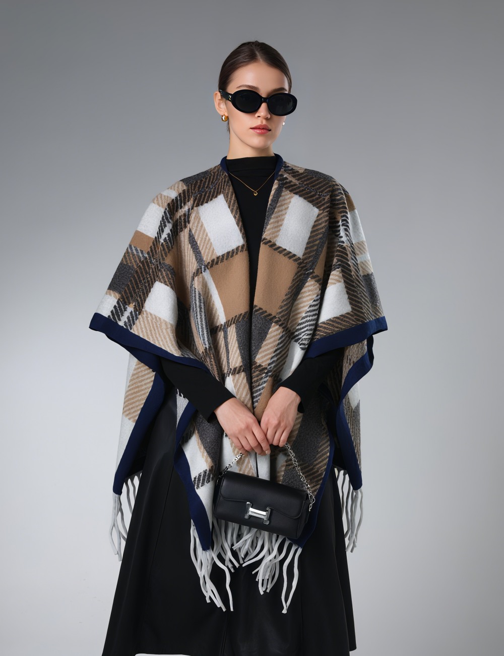 Wholesale Brown And White Plaid Shawl With Fringe