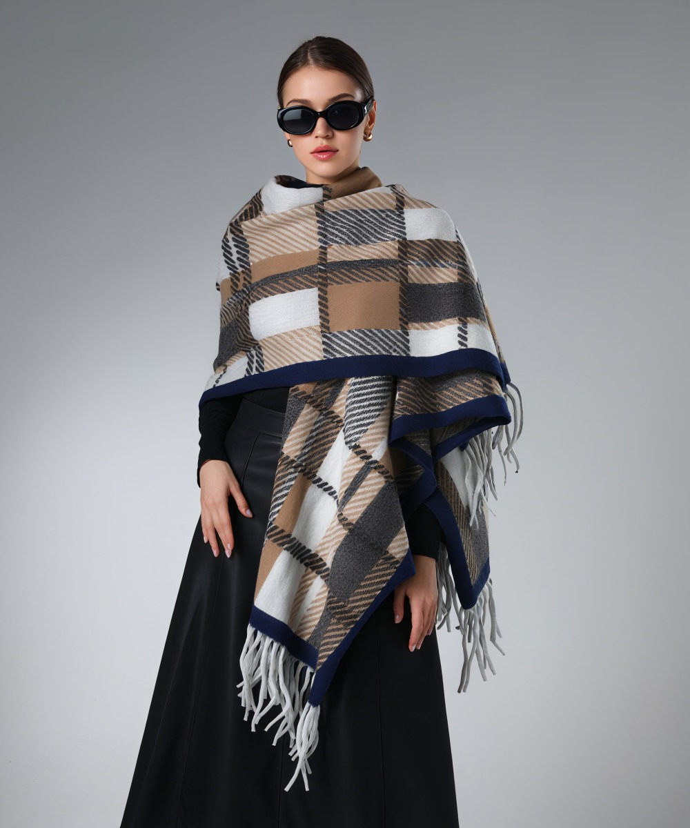 Wholesale Brown And White Plaid Shawl With Fringe