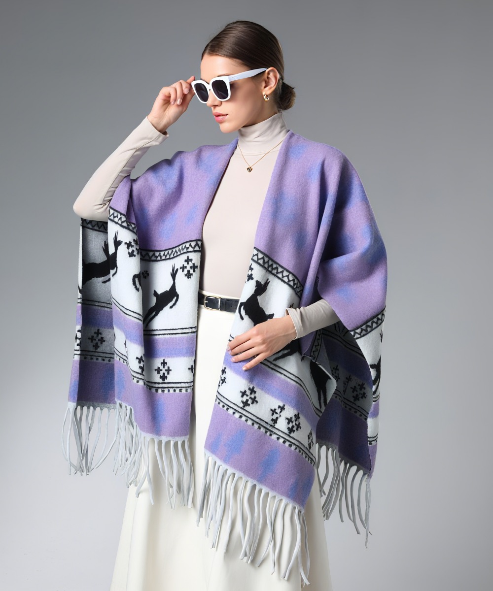 Wholesale Festival Print Deer Purple Christmas Shawl