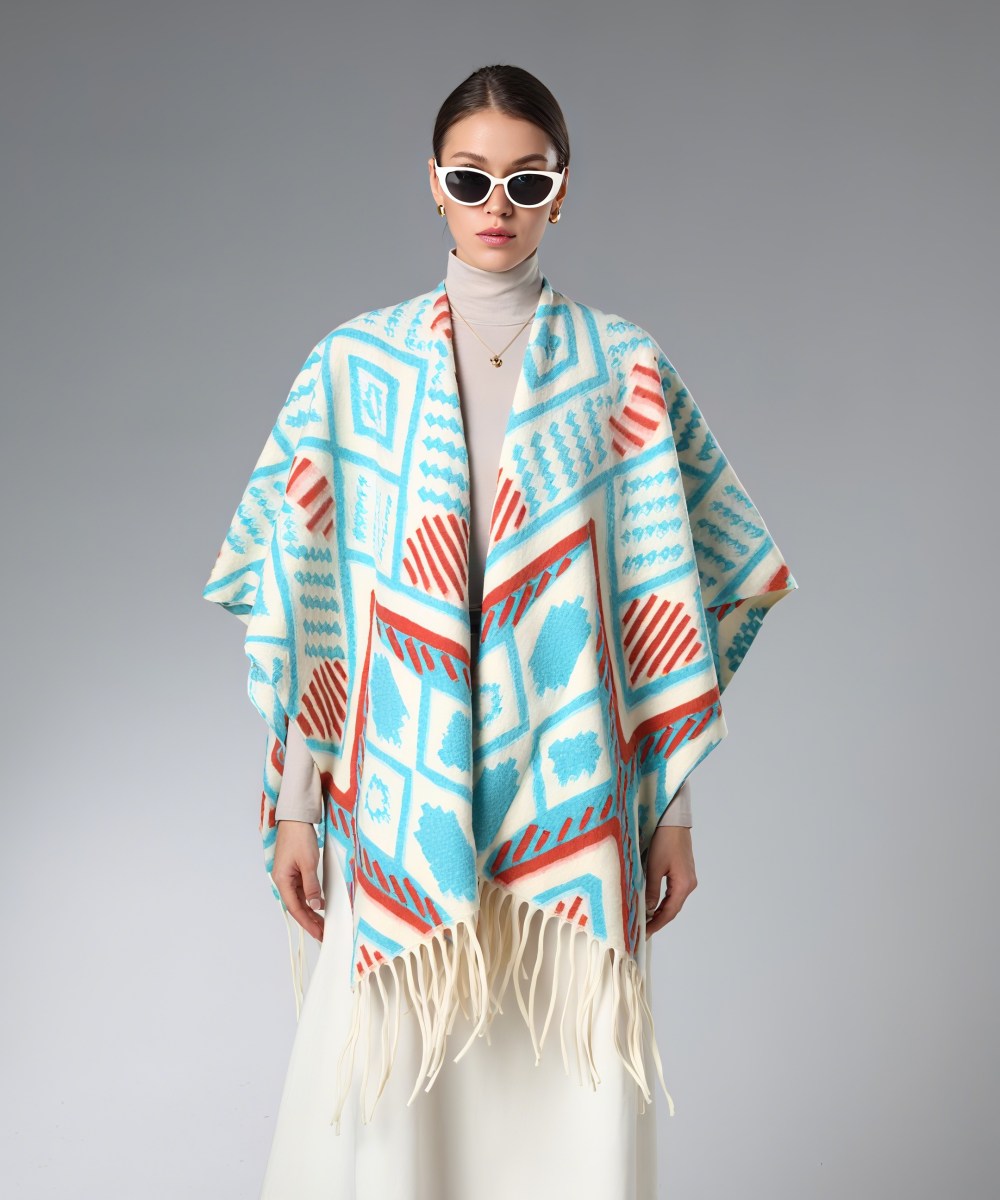 Wholesale Lake Blue Geometric Pattern Shawl With Fringe