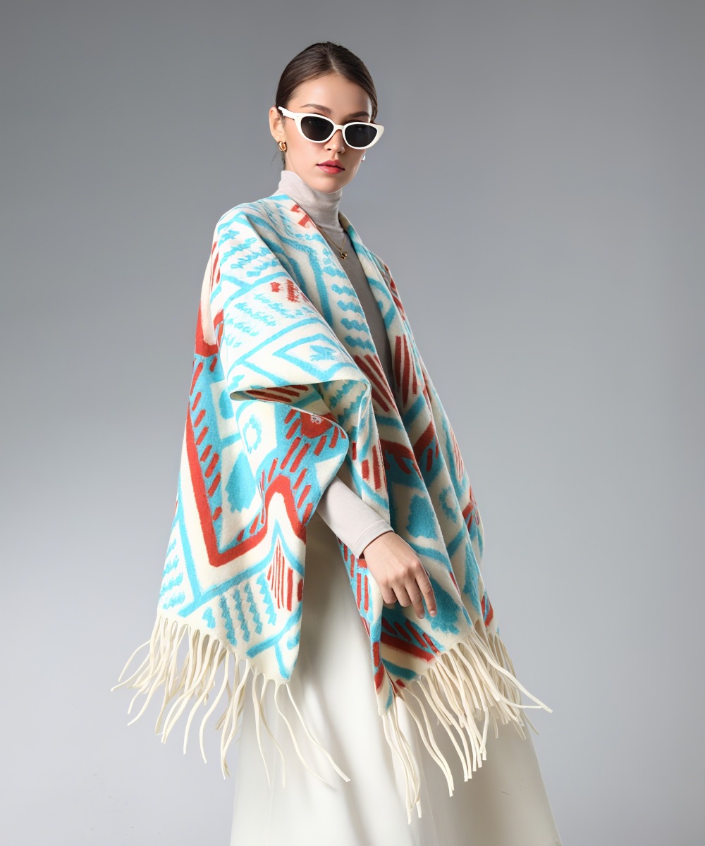 Wholesale Lake Blue Geometric Pattern Shawl With Fringe