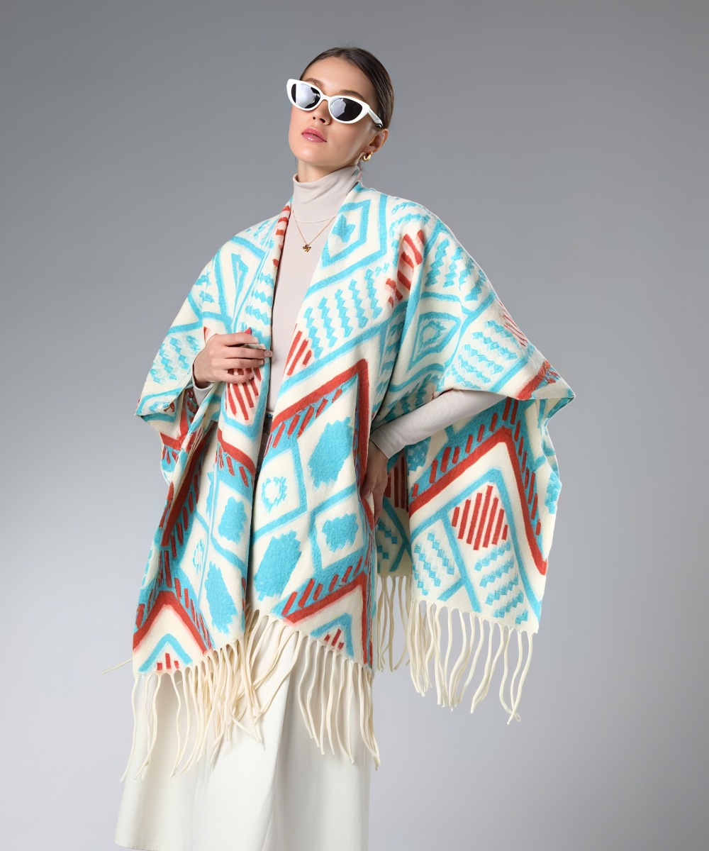 Wholesale Lake Blue Geometric Pattern Shawl With Fringe