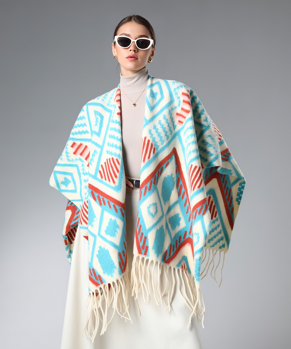 Wholesale Lake Blue Geometric Pattern Shawl With Fringe