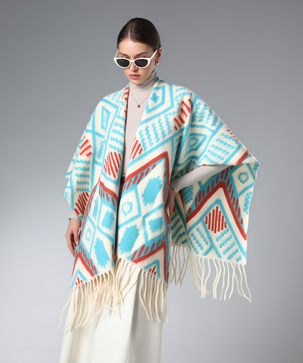 Wholesale Lake Blue Geometric Pattern Shawl With Fringe