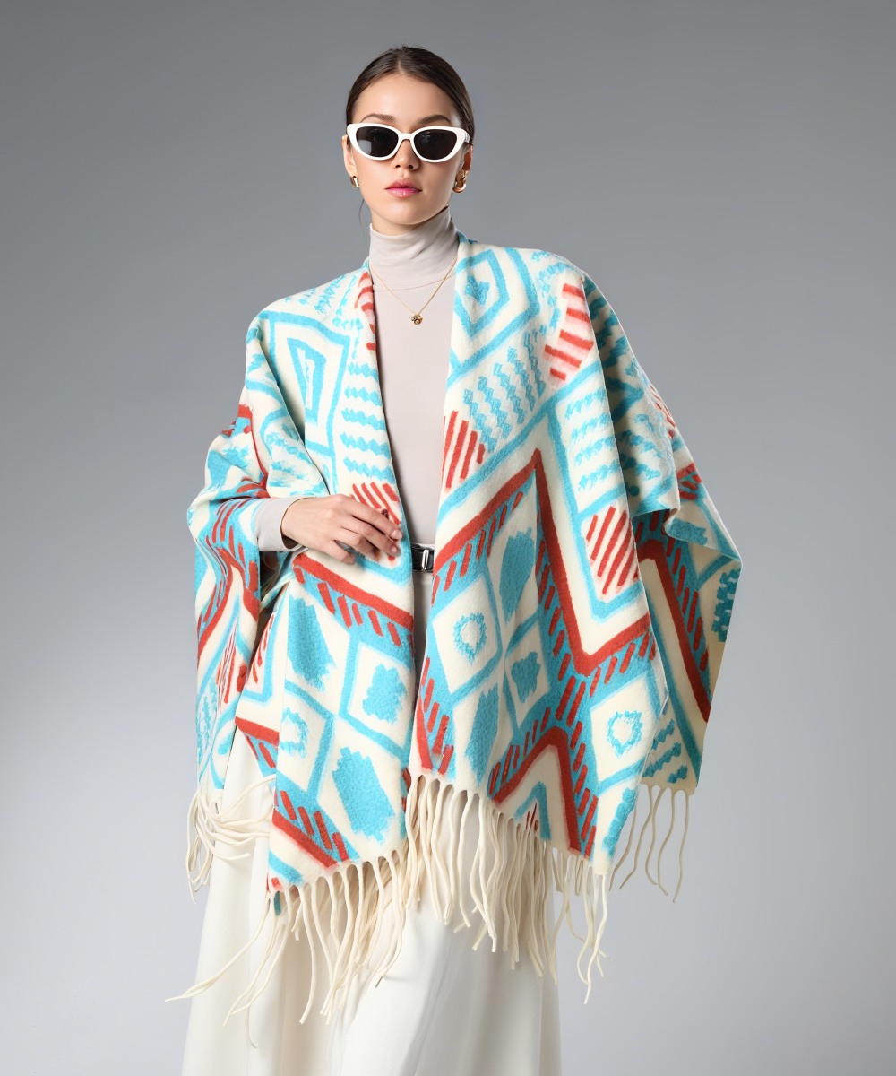 Wholesale Lake Blue Geometric Pattern Shawl With Fringe