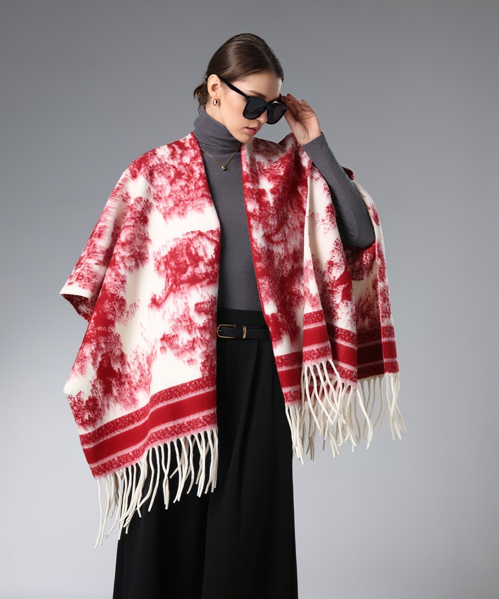 Wholesale Red And White ink Painting Shawl With Fringe