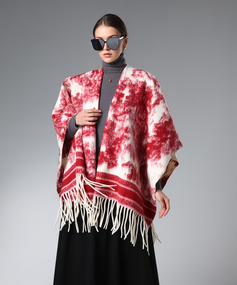 Wholesale Red And White ink Painting Shawl With Fringe