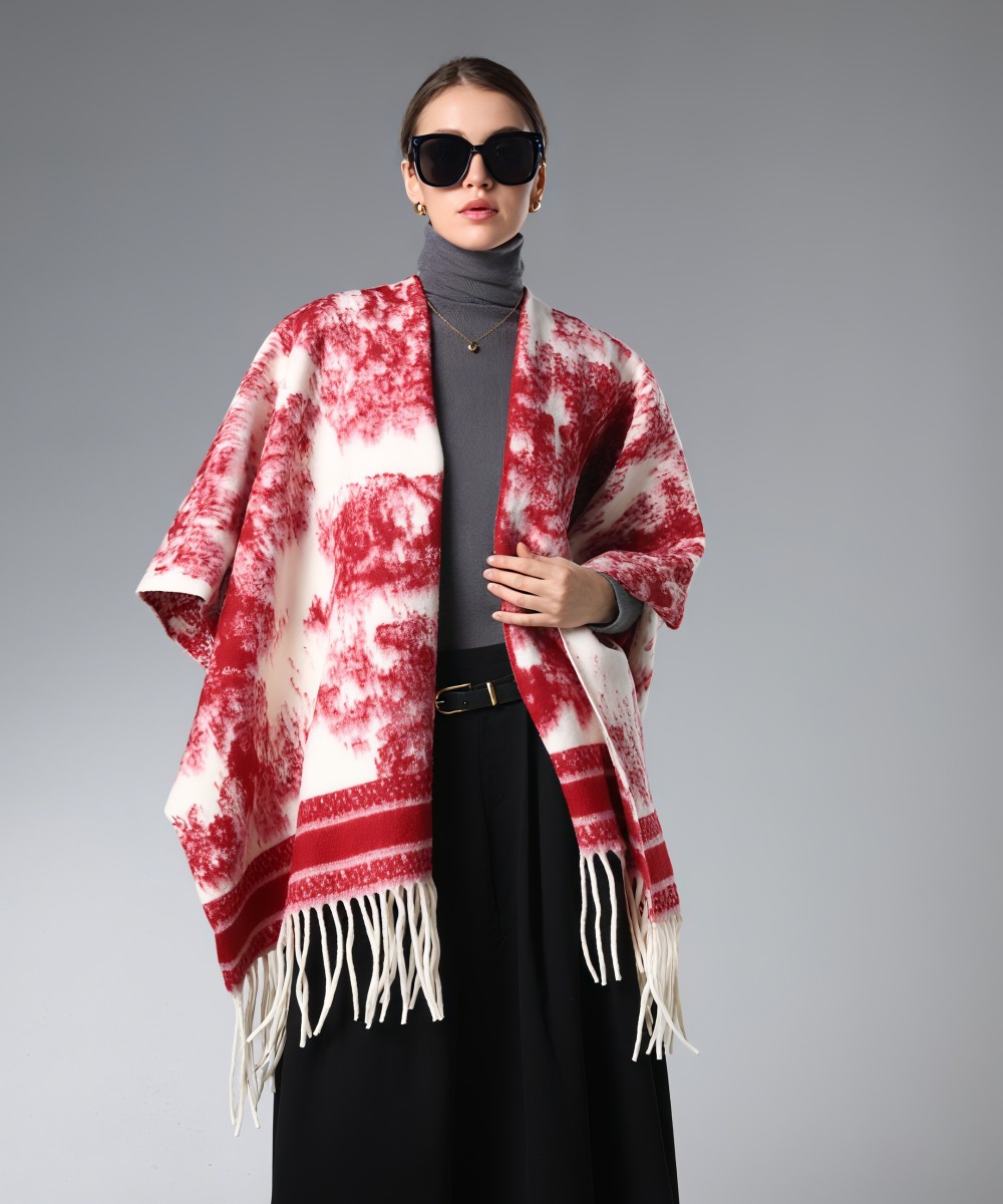 Wholesale Red And White ink Painting Shawl With Fringe