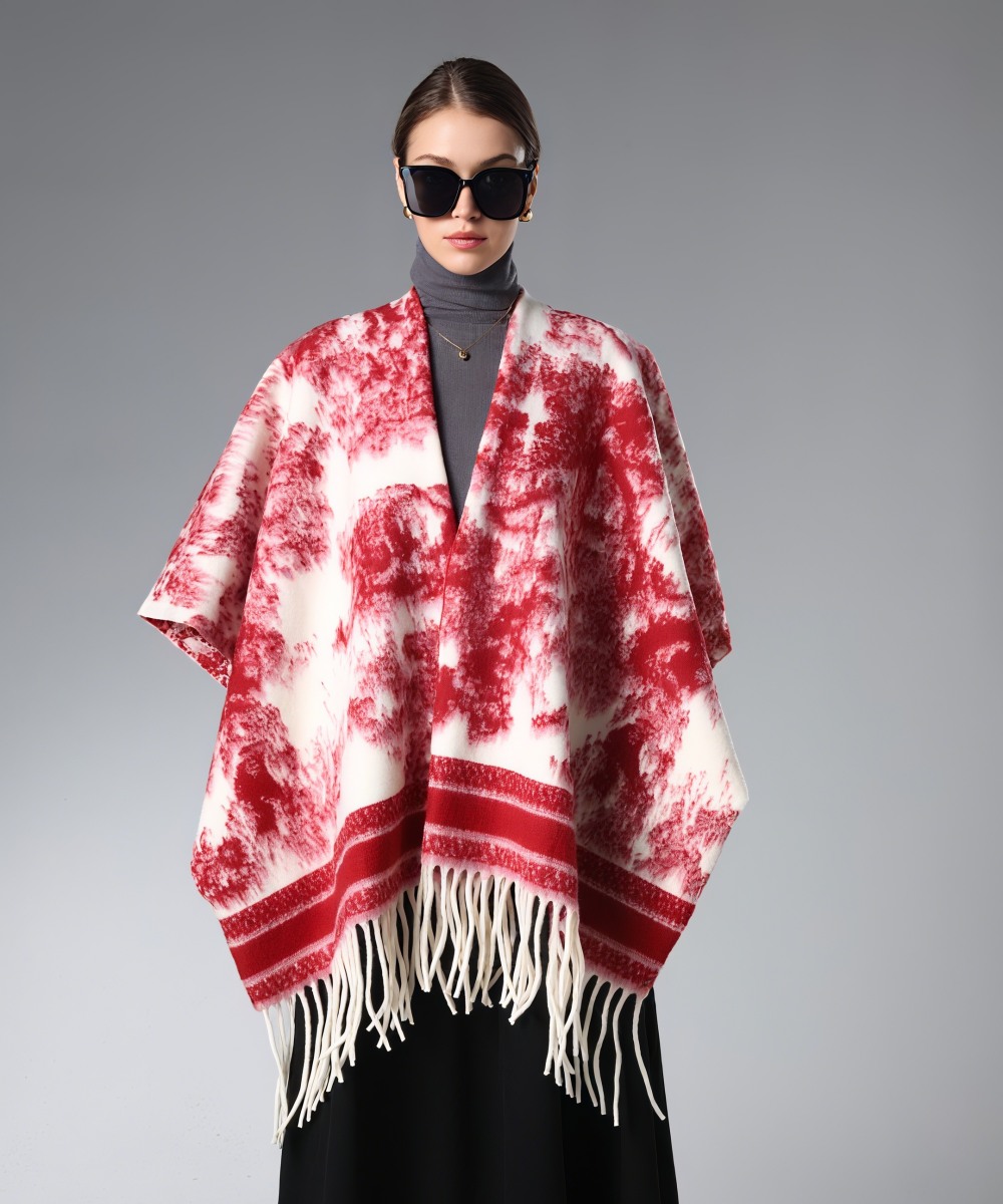 Wholesale Red And White ink Painting Shawl With Fringe