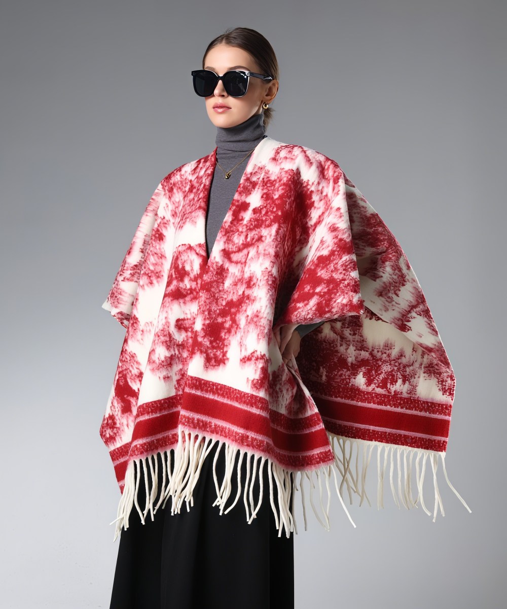 Wholesale Red And White ink Painting Shawl With Fringe