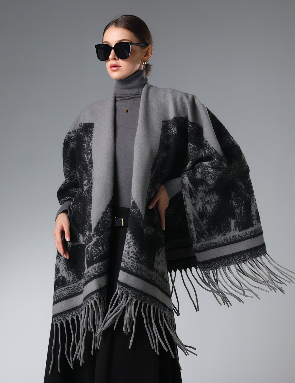 Wholesale Star Black and Grey Ink Painting Shawl With Fringe