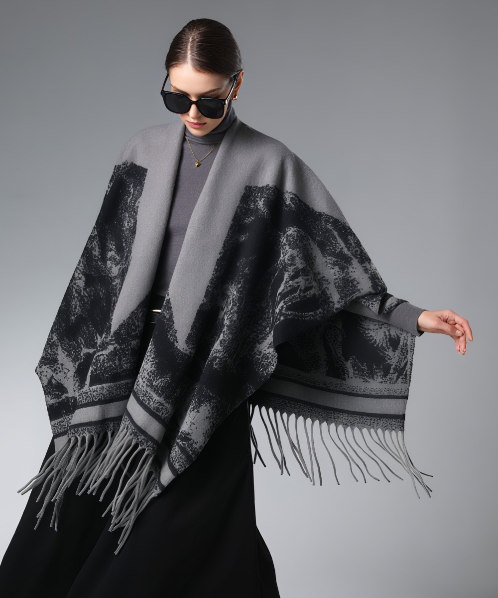 Wholesale Star Black and Grey Ink Painting Shawl With Fringe