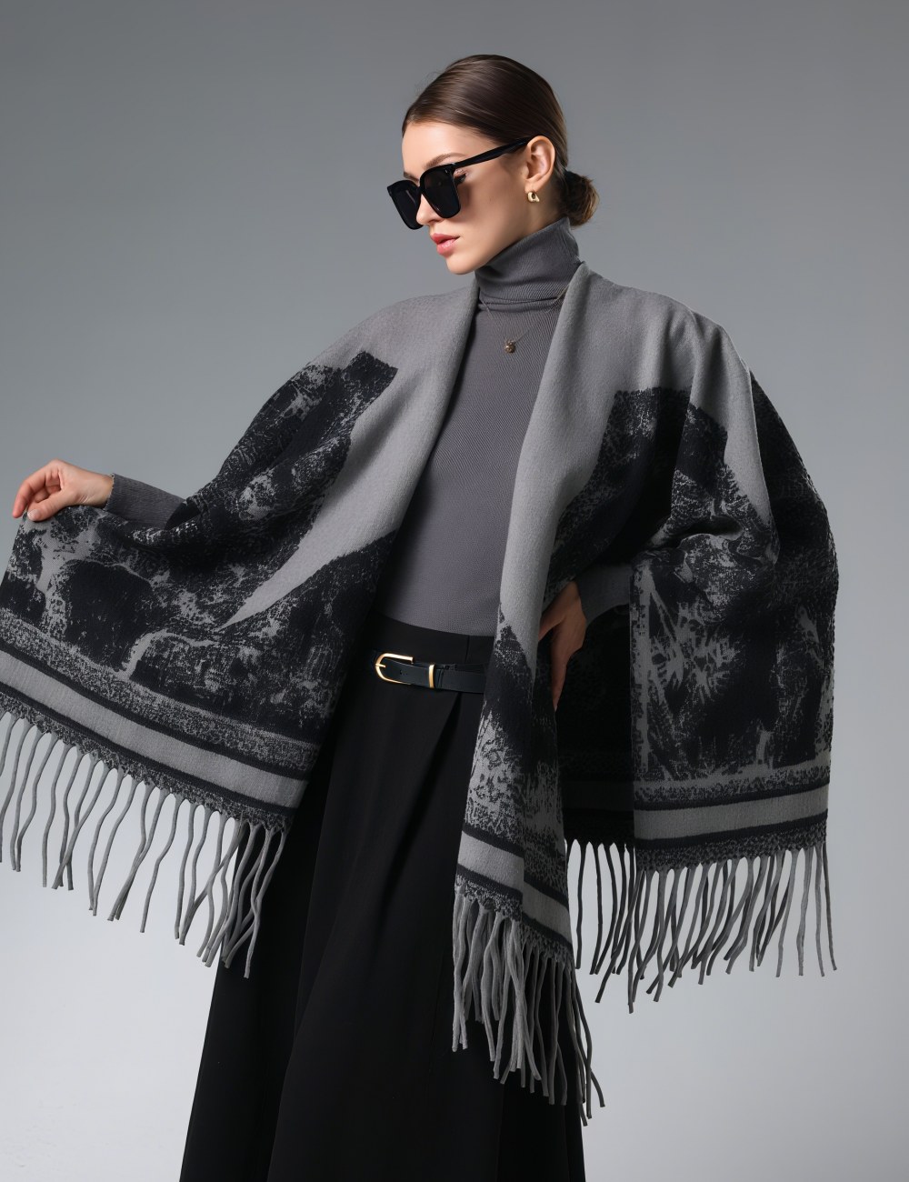 Wholesale Star Black and Grey Ink Painting Shawl With Fringe