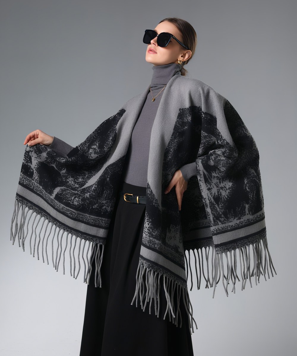Wholesale Star Black and Grey Ink Painting Shawl With Fringe