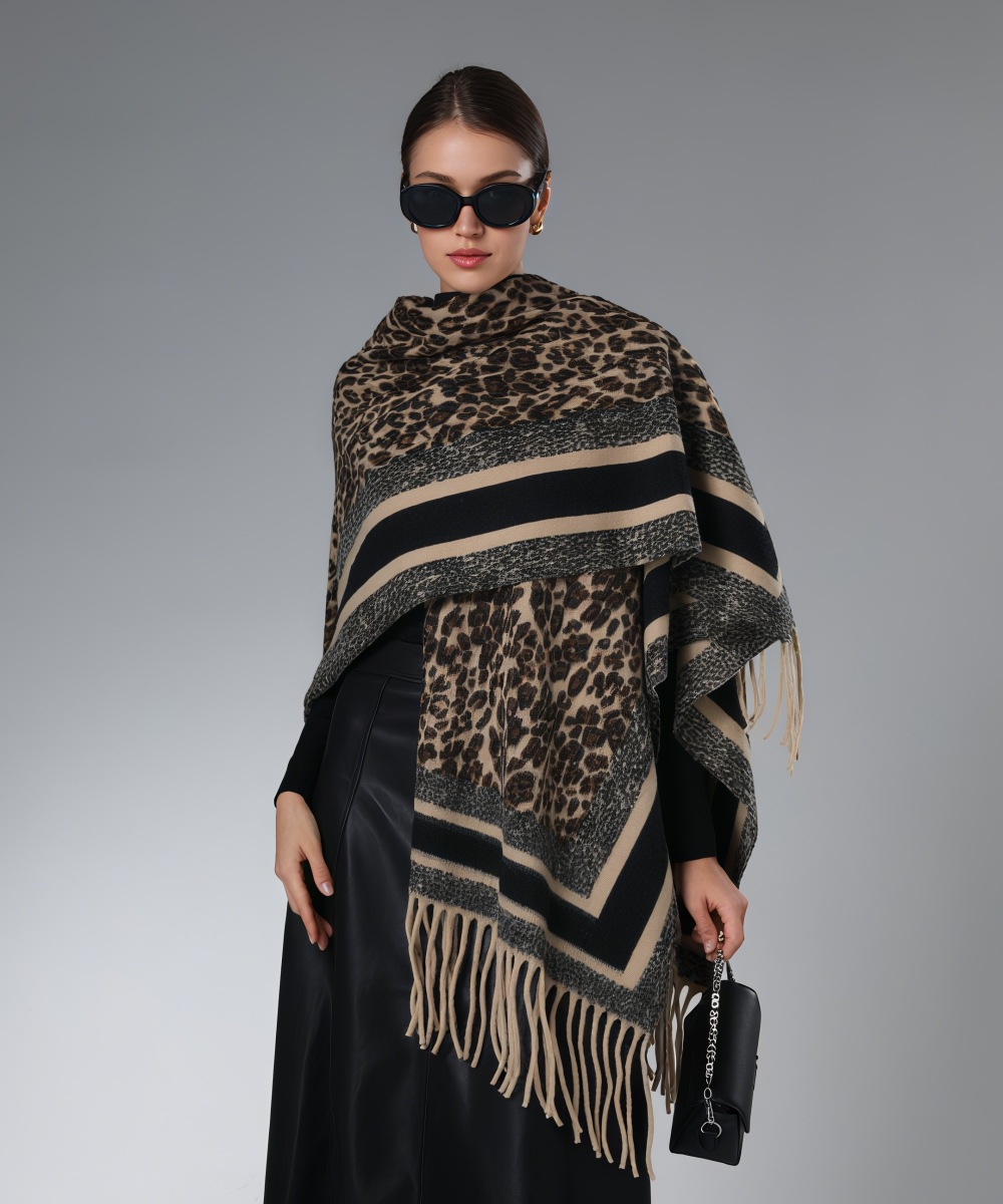 Manufacturer Black and Brown Leopard Print Shawl With Fringe