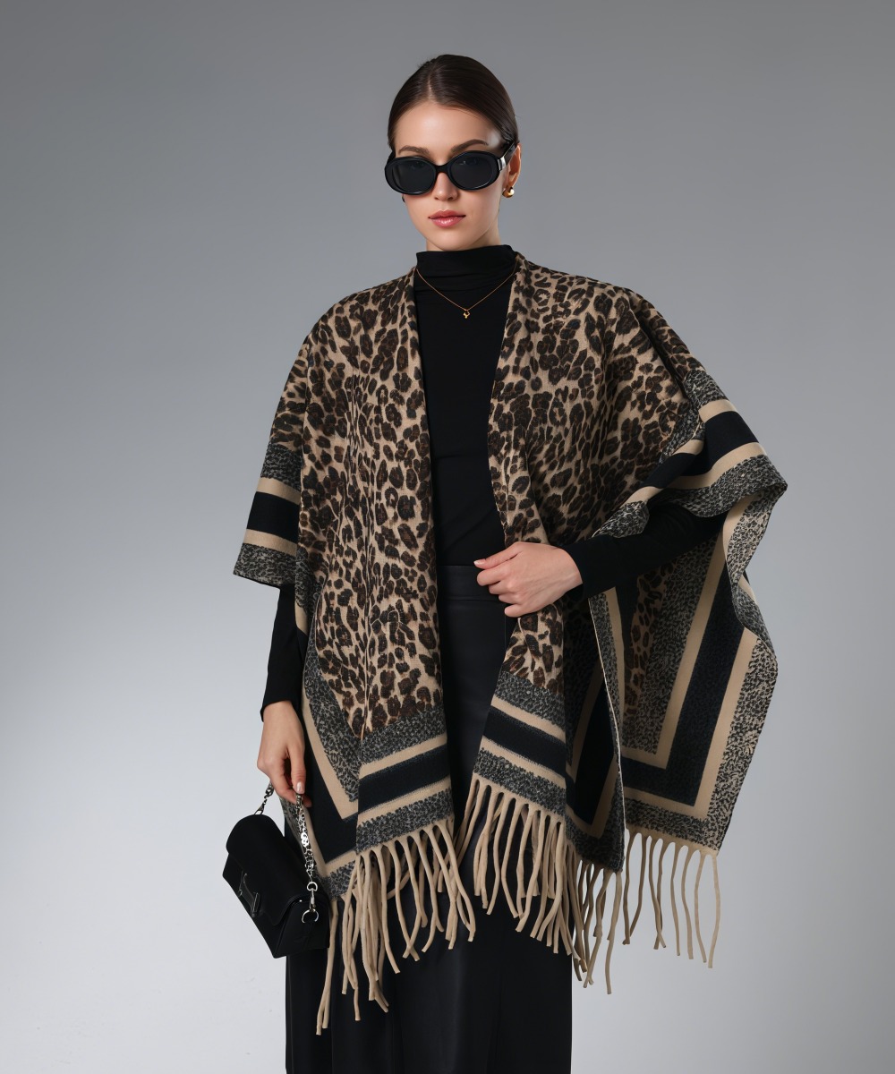 Manufacturer Black and Brown Leopard Print Shawl With Fringe