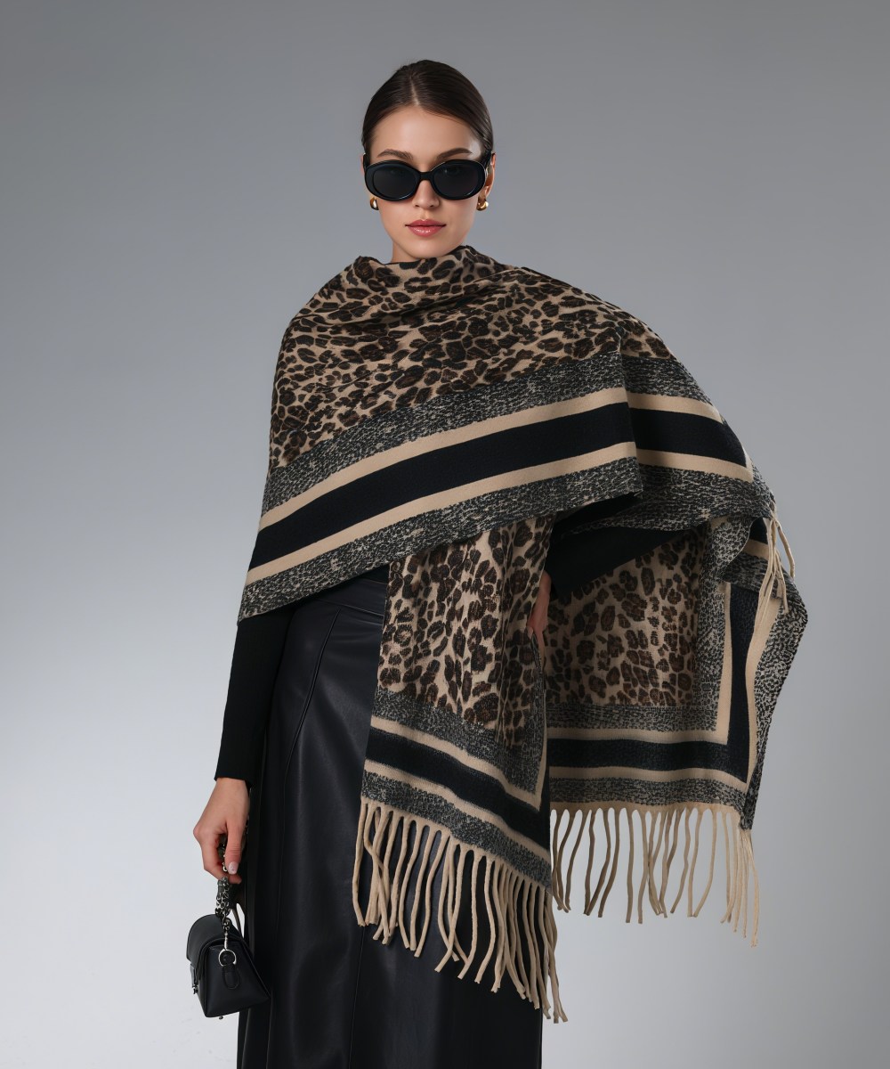 Manufacturer Black and Brown Leopard Print Shawl With Fringe