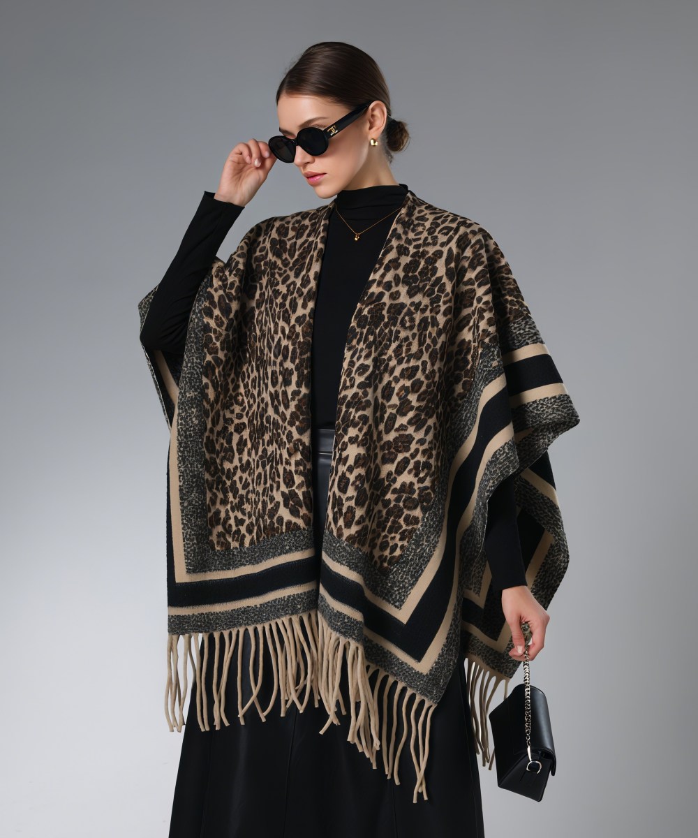 Manufacturer Black and Brown Leopard Print Shawl With Fringe