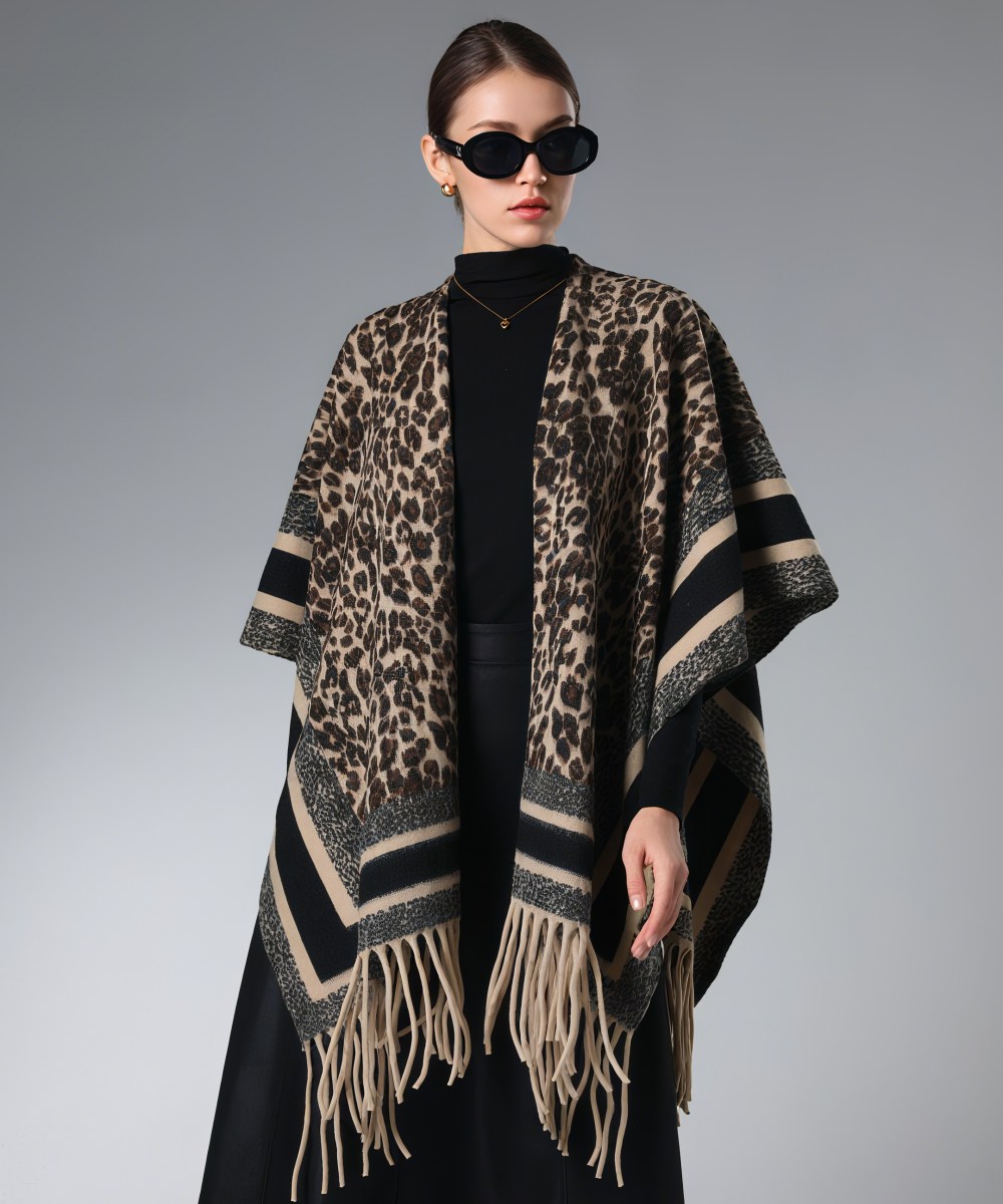 Manufacturer Black and Brown Leopard Print Shawl With Fringe