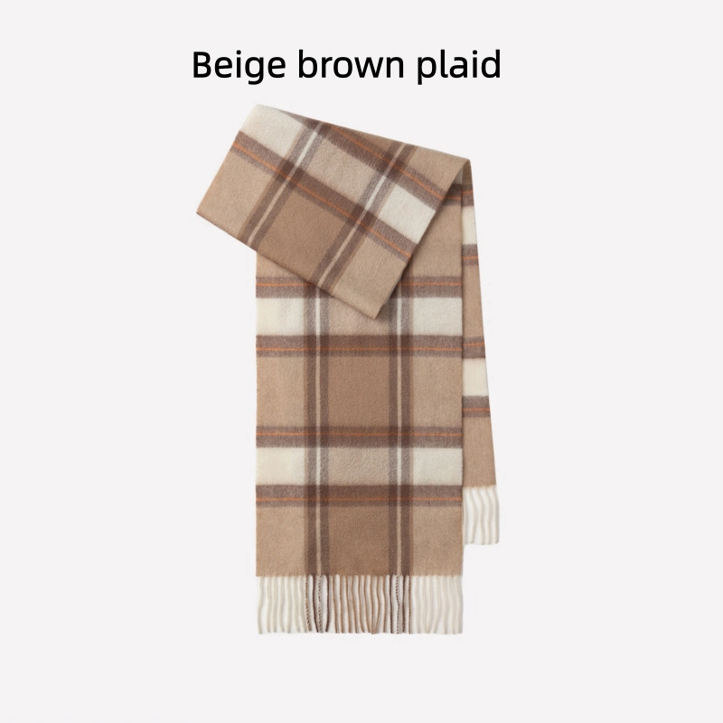 Maillard Style Womens Plaid Wool Scarf With Fringe
