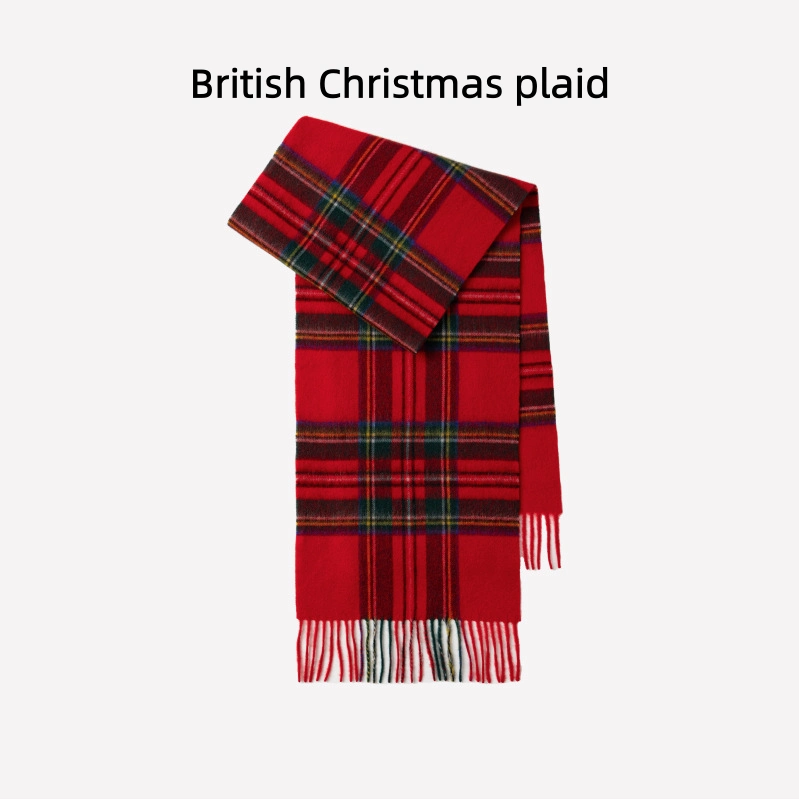 Maillard Style Womens Plaid Wool Scarf With Fringe
