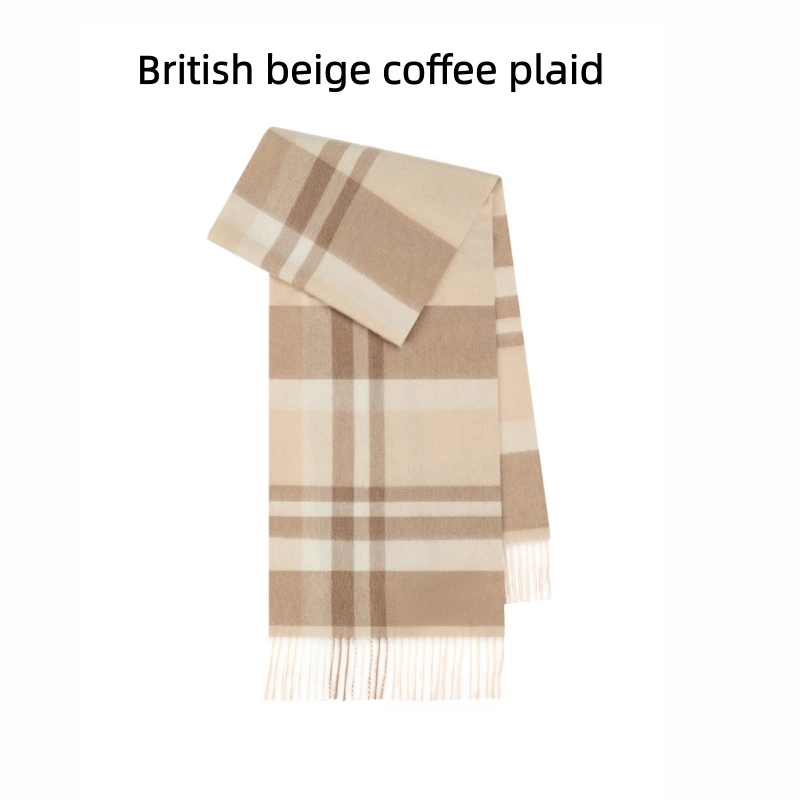 Maillard Style Womens Plaid Wool Scarf With Fringe