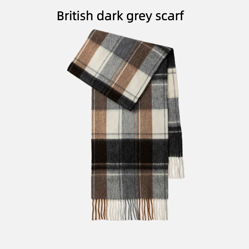 Maillard Style Womens Plaid Wool Scarf With Fringe