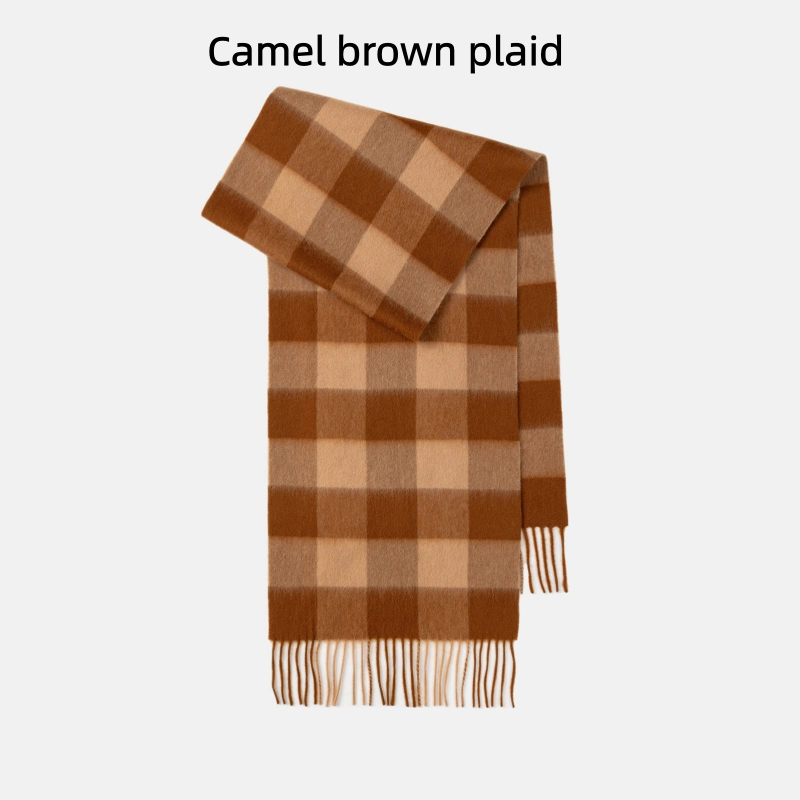 Maillard Style Womens Plaid Wool Scarf With Fringe