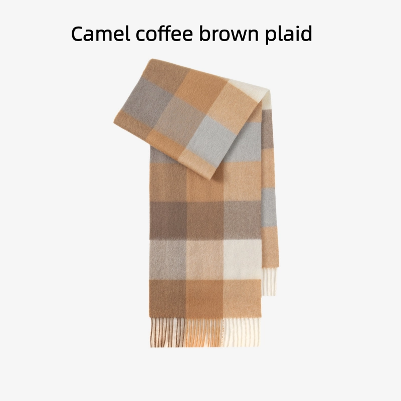 Maillard Style Womens Plaid Wool Scarf With Fringe