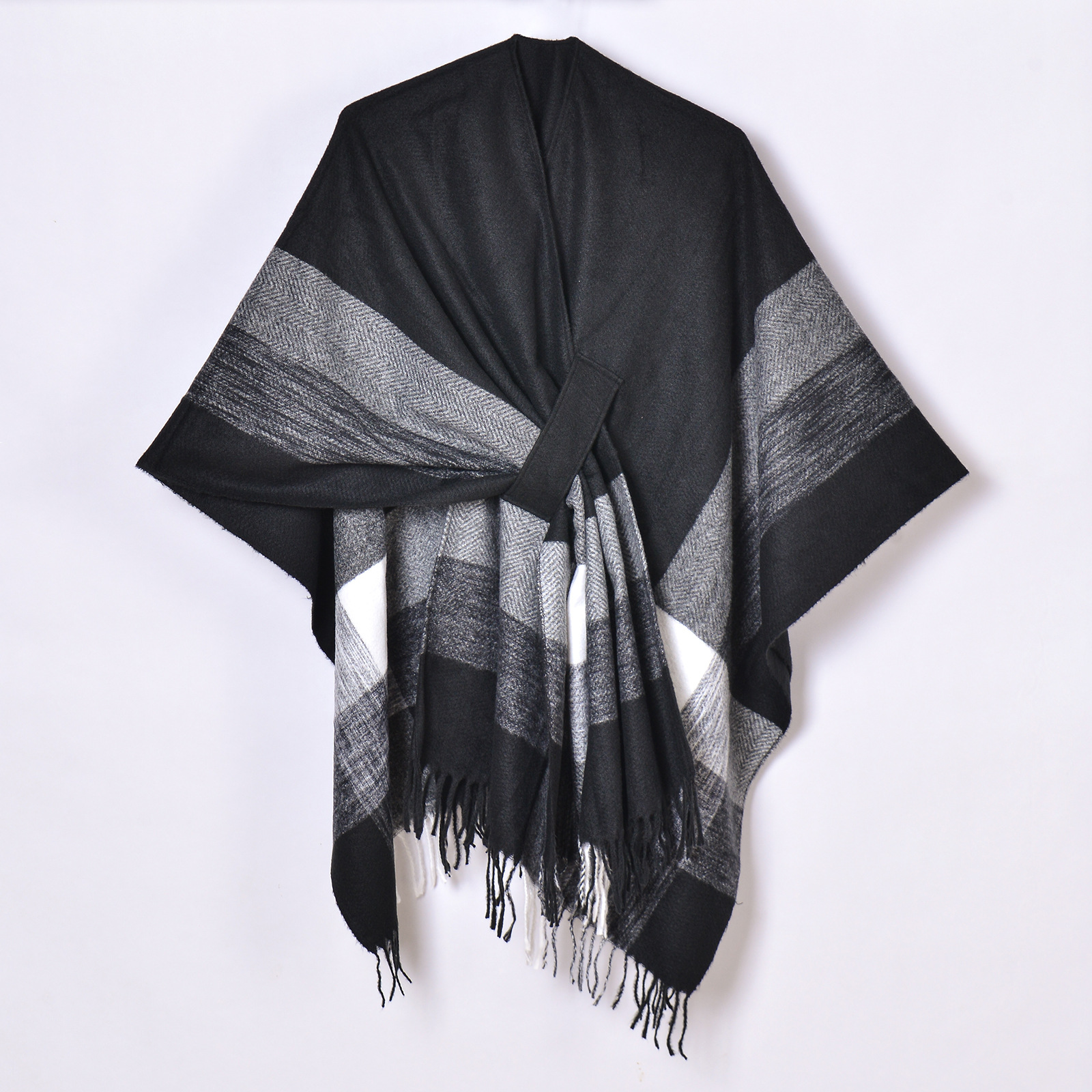 Wholesale Open Front Patchwork Color Striped Shawl With Cross Knot