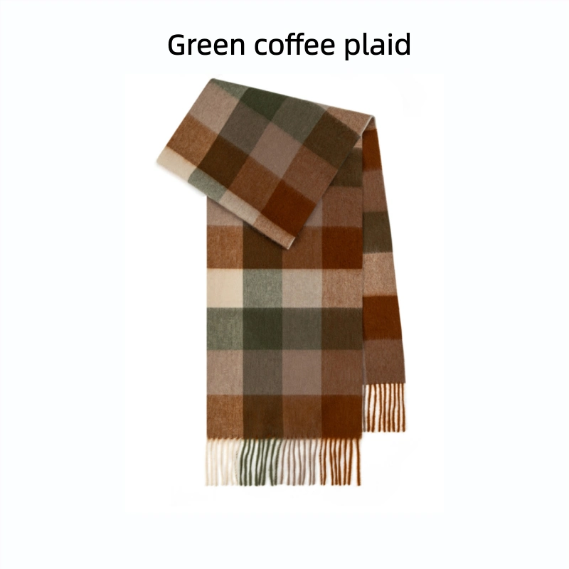Maillard Style Womens Plaid Wool Scarf With Fringe