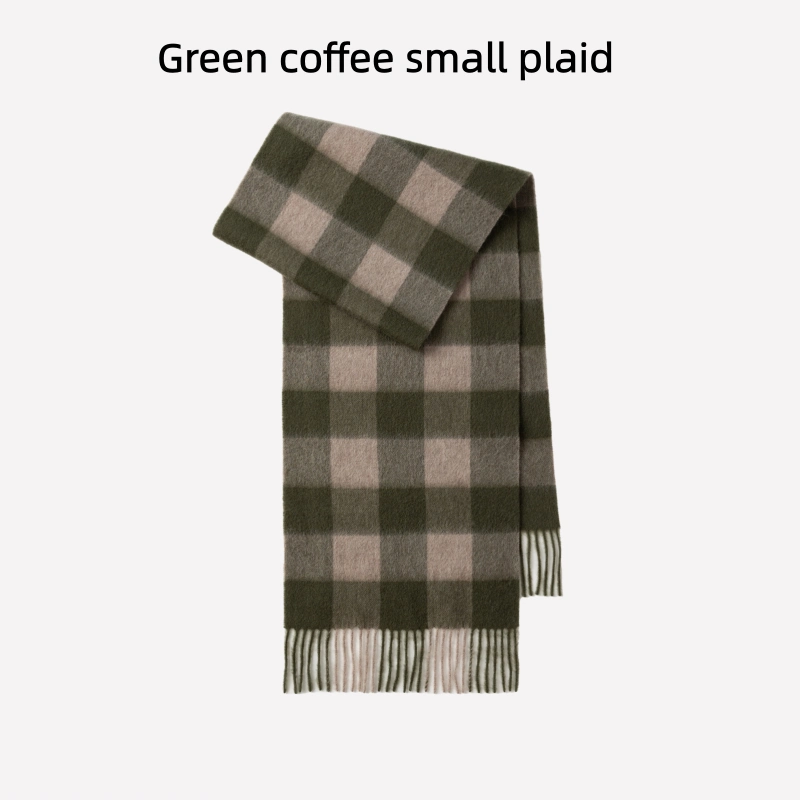 Maillard Style Womens Plaid Wool Scarf With Fringe