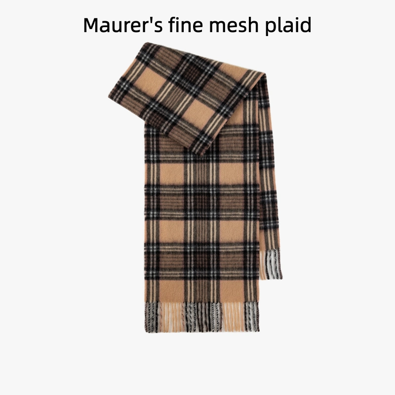 Maillard Style Womens Plaid Wool Scarf With Fringe