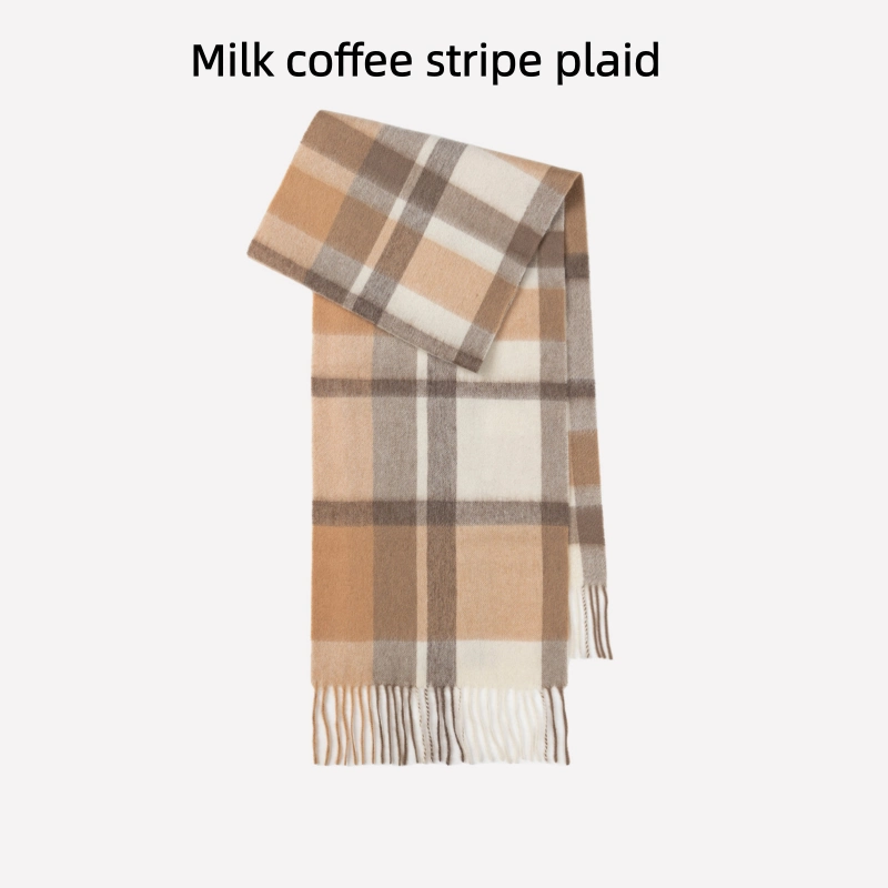Maillard Style Womens Plaid Wool Scarf With Fringe