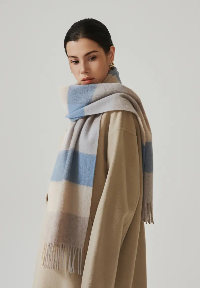 Maillard Style Womens Plaid Wool Scarf With Fringe