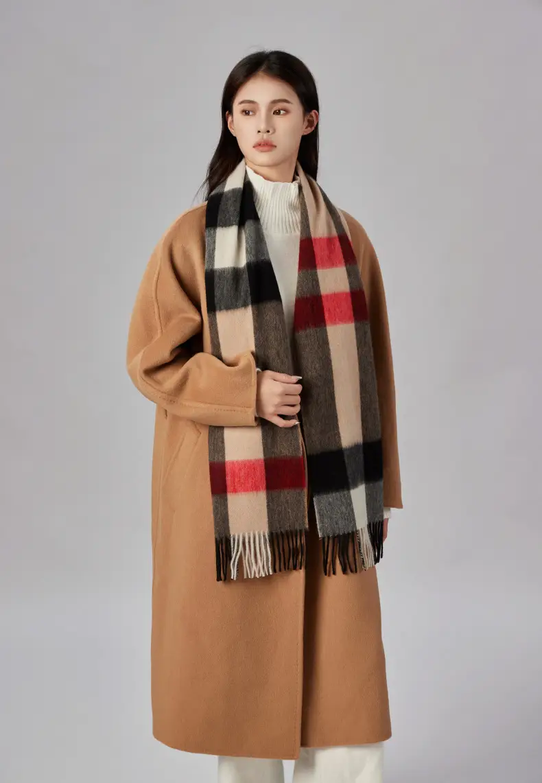 Maillard Style Womens Plaid Wool Scarf With Fringe