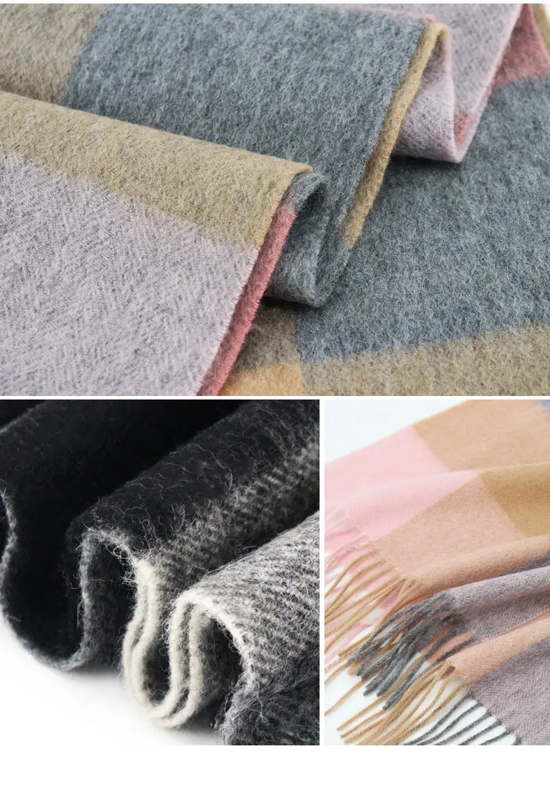 Maillard Style Womens Plaid Wool Scarf With Fringe