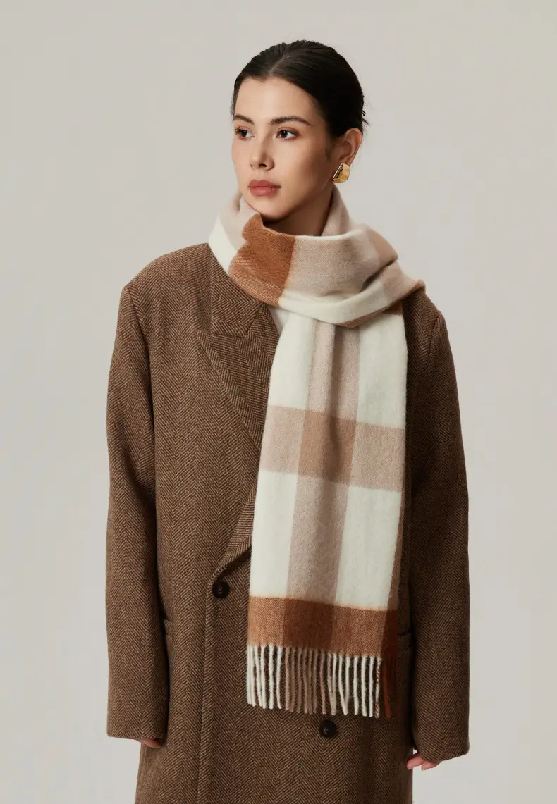 Maillard Style Womens Plaid Wool Scarf With Fringe