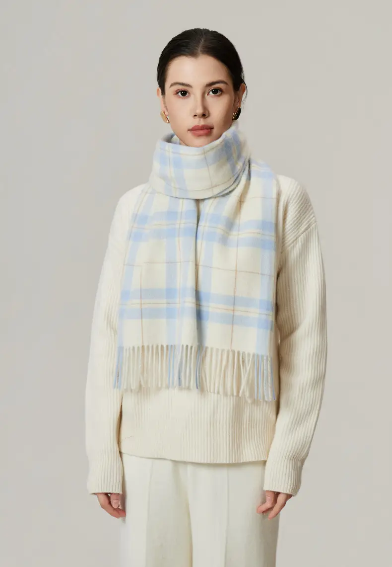 Maillard Style Womens Plaid Wool Scarf With Fringe