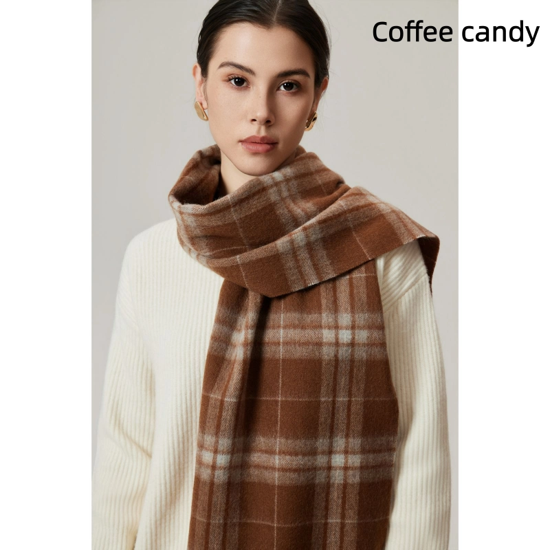 Maillard Style Womens Plaid Wool Scarf With Fringe