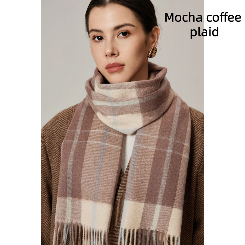 Maillard Style Womens Plaid Wool Scarf With Fringe