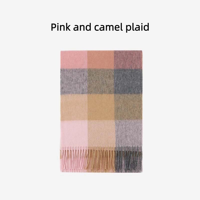 Maillard Style Womens Plaid Wool Scarf With Fringe