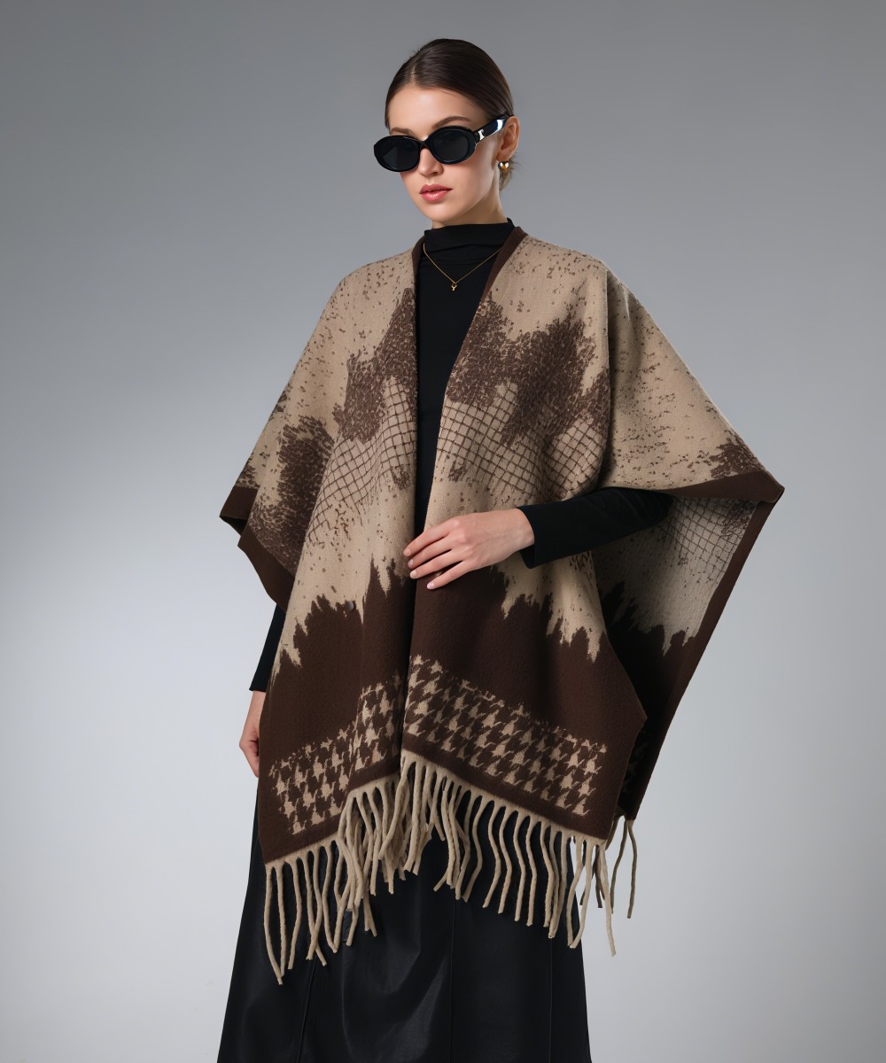 Winter Shawl Wrap Brown Houndstooth Shawl With Fringe
