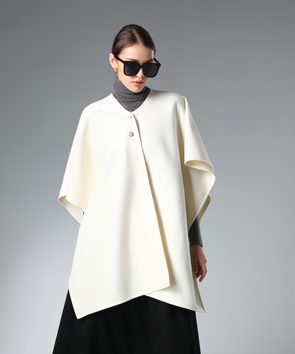 Winter White Cape Shawl With Metal Button
